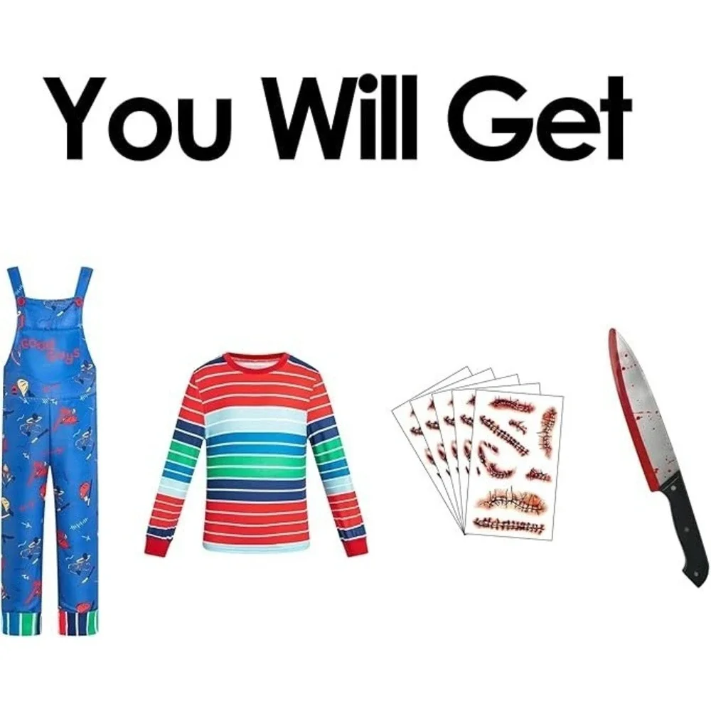 Adult Chucky Halloween Costume Men Women Overalls Shirt Knife Scars XL New